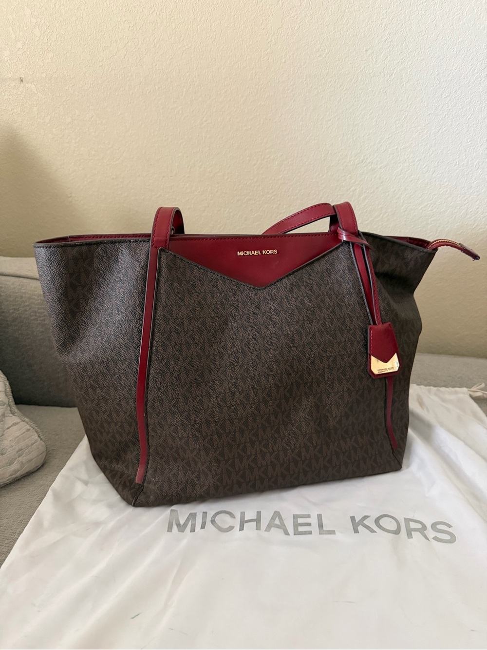 Michael Kors Brown Signature Tote with Red Trim